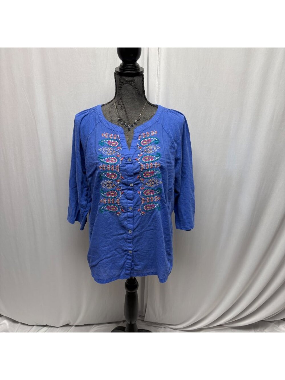 Khakis and Co Cotton Top Womens Size Medium Blue Embroidered Paisley Tunic Boho